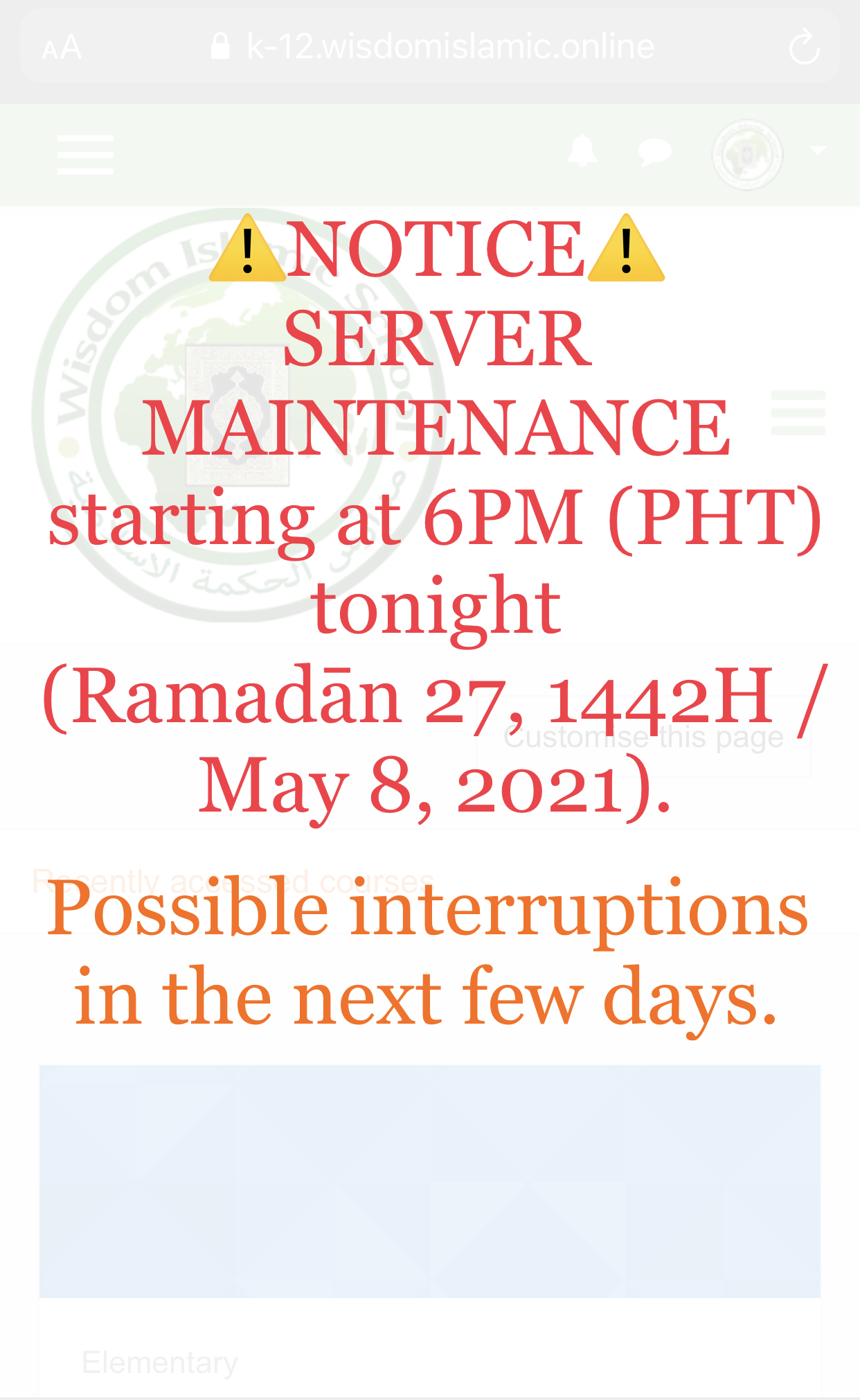 Server maintenance at 6PM tonight (Ramadān 27, 1442H / May 8, 2021).    Possible interruptions during the Server Maintenance.