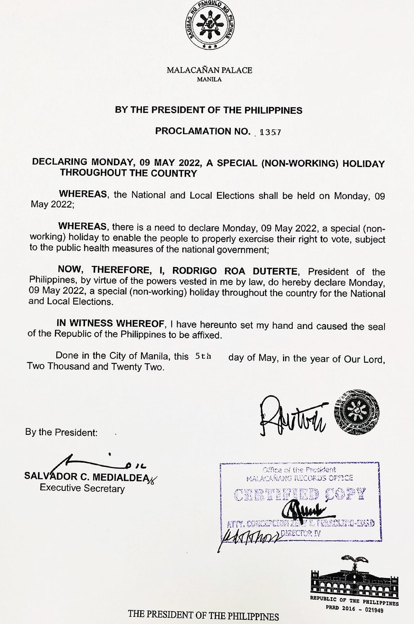 President proclamation No. 1357